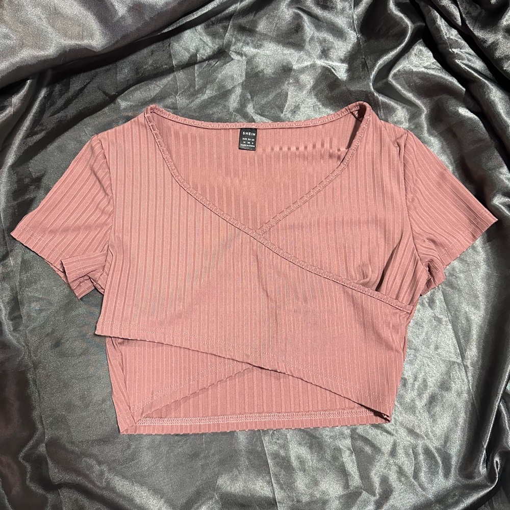 SHEIN Ribbed Pink Wrap Crop Top